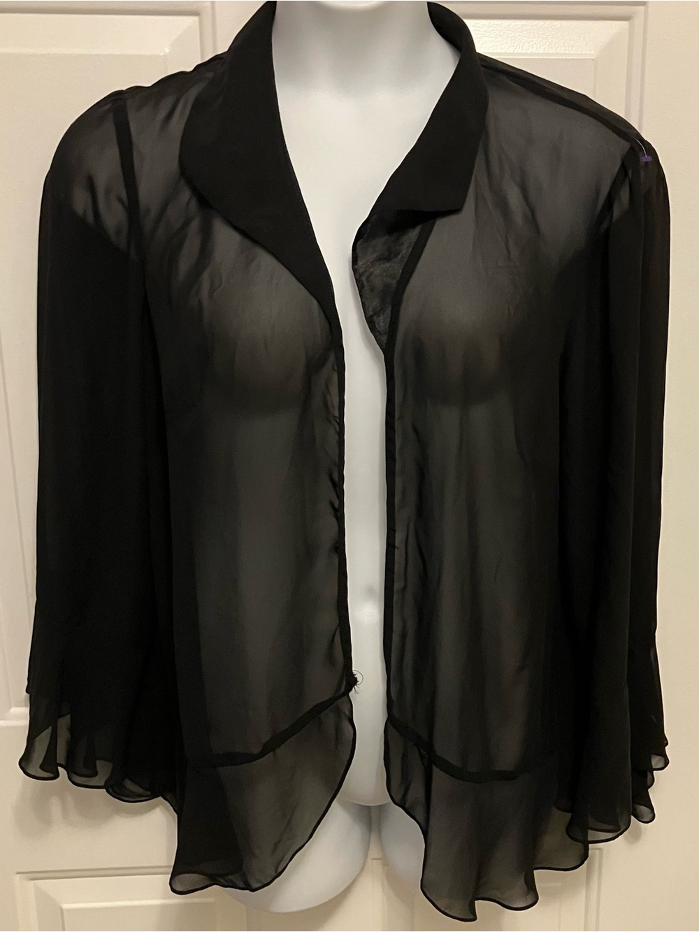 Alex Evenings Sz 1X Black Sheer Chiffon Draped Open Front Blouse Jacket